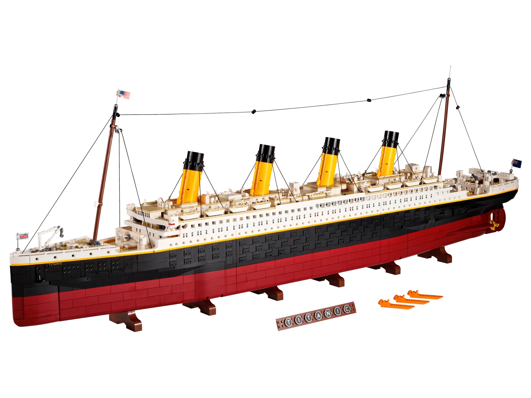 LEGO Titanic with its full hull and four yellow and black funnels